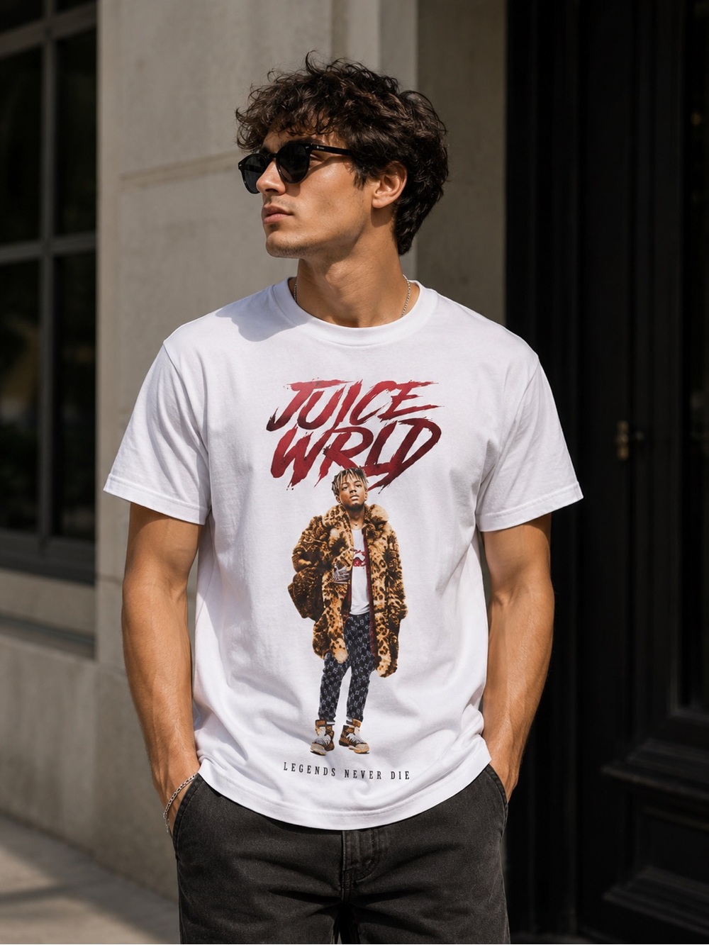 Red and White Short Sleeve Tee with Juice WRLD Graphic